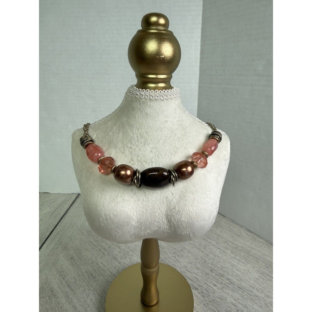 Jones New York Chunky Statement Necklace Multi Strand Rose Pink Amber Bead Gold